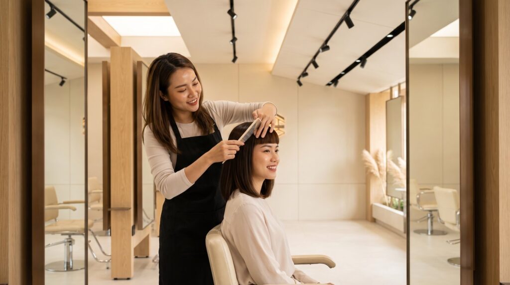 Thợ chải mái cực ngắn baby bangs xuống trán cho khách nữ tại salon