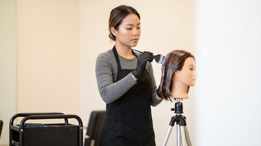 Học viên tập quét thuốc tẩy balayage trên đầu manocanh