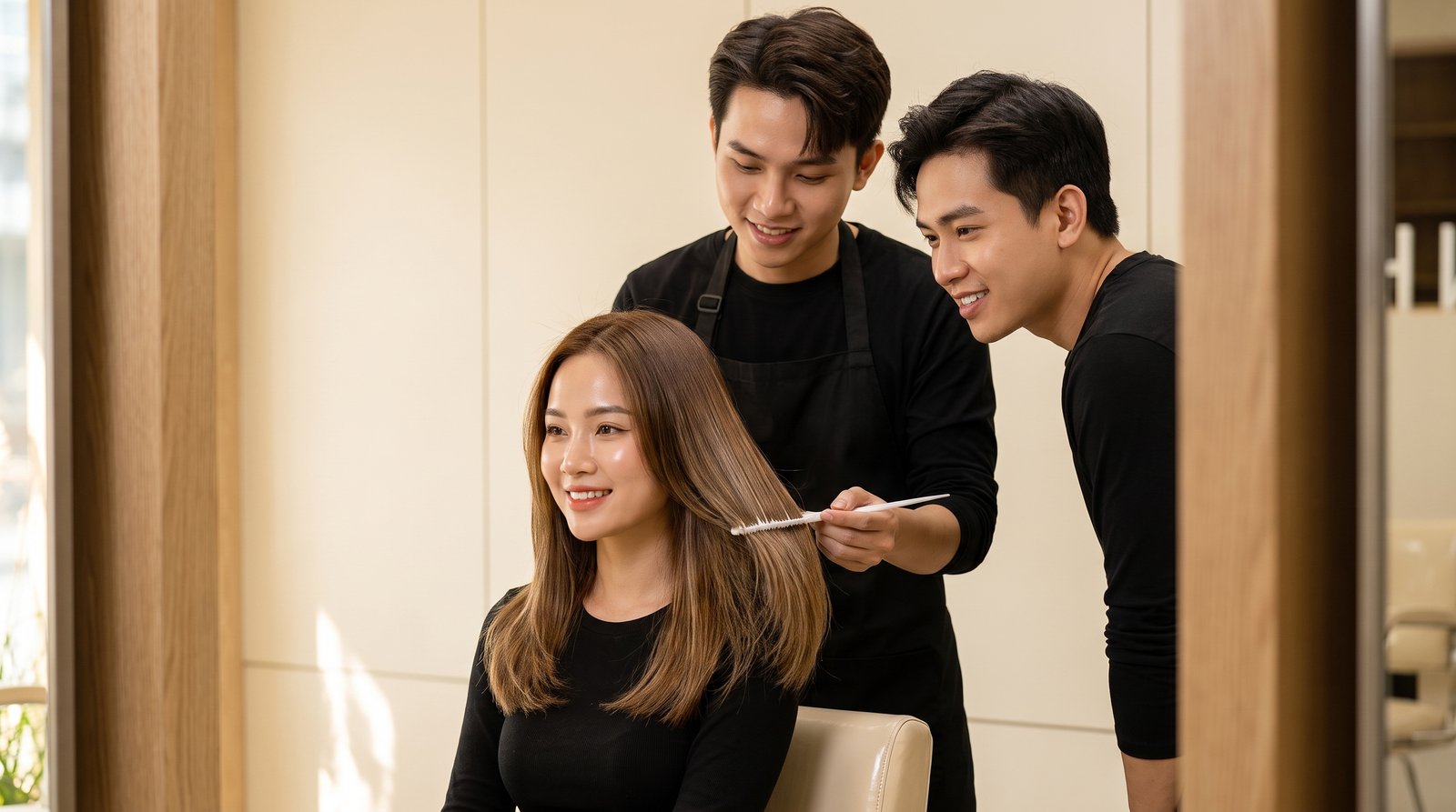 Học viên thực chiến balayage trên khách thật dưới sự giám sát của người kèm