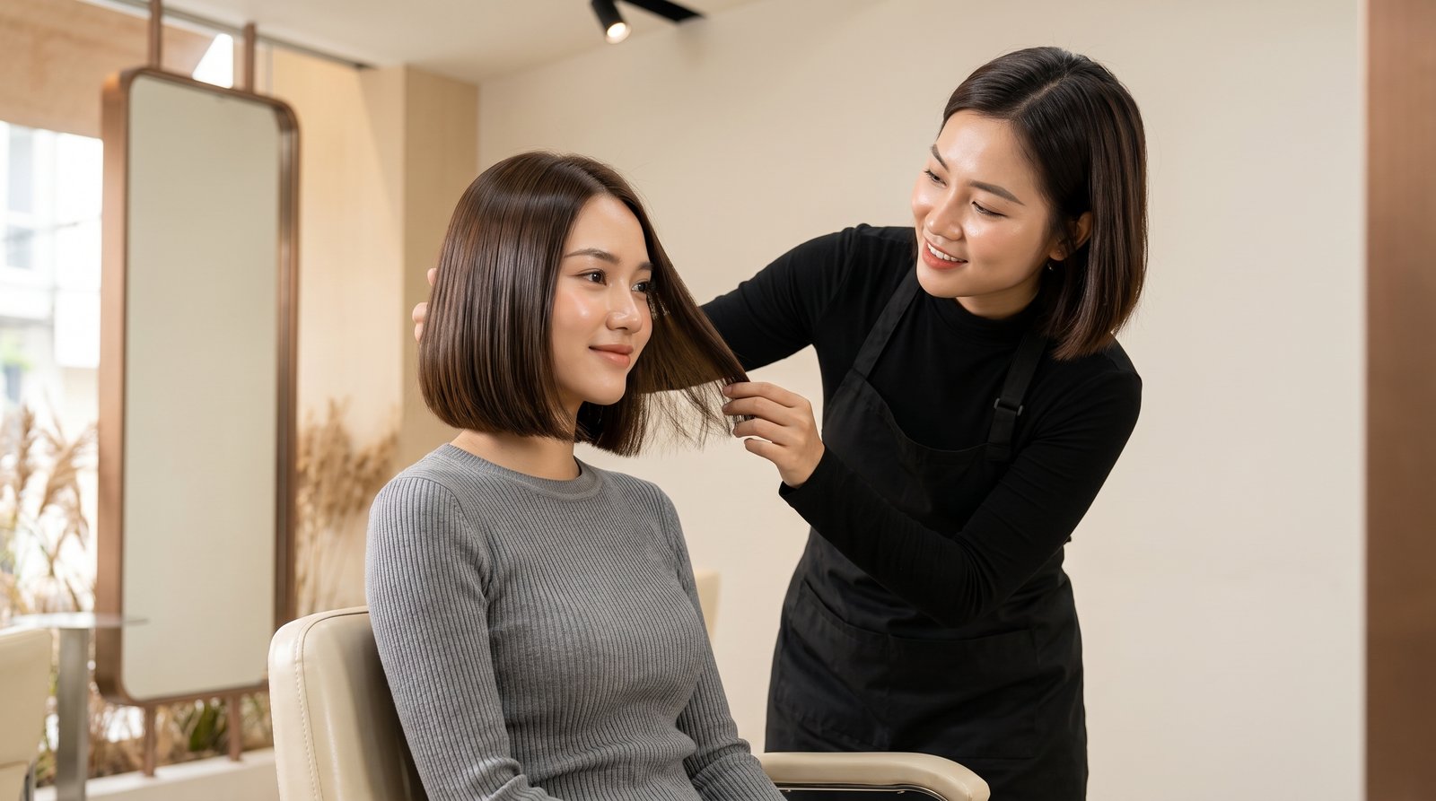 Kiểu tóc blunt bob cắt thẳng ngang quai hàm tại salon Nhật Tâm