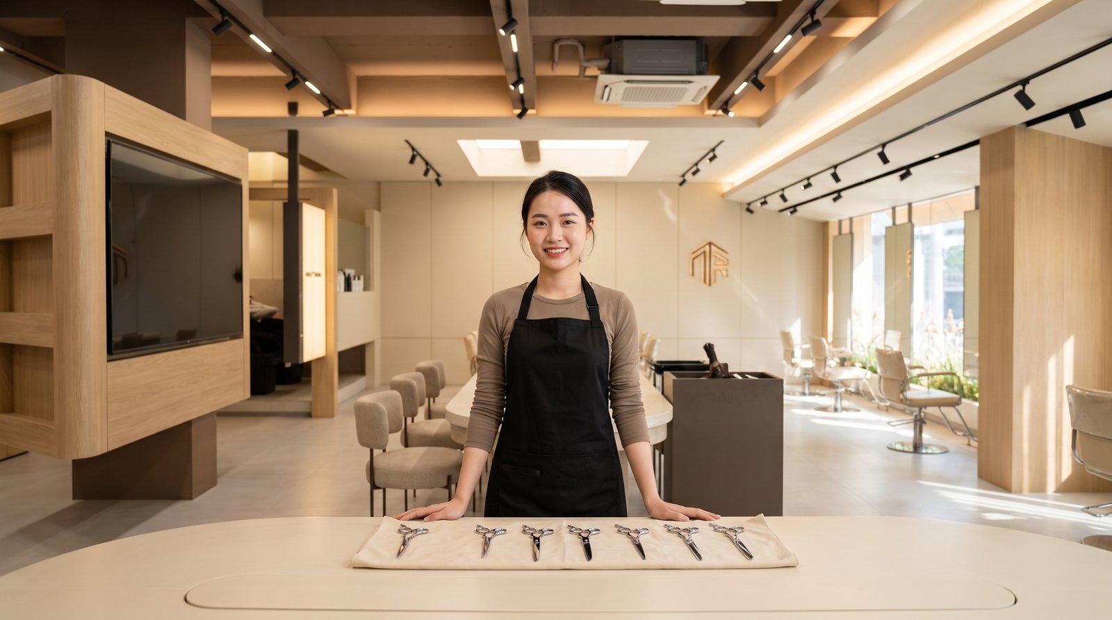 Bộ dụng cụ kéo cơ bản cho stylist mới bày trên bàn đào tạo