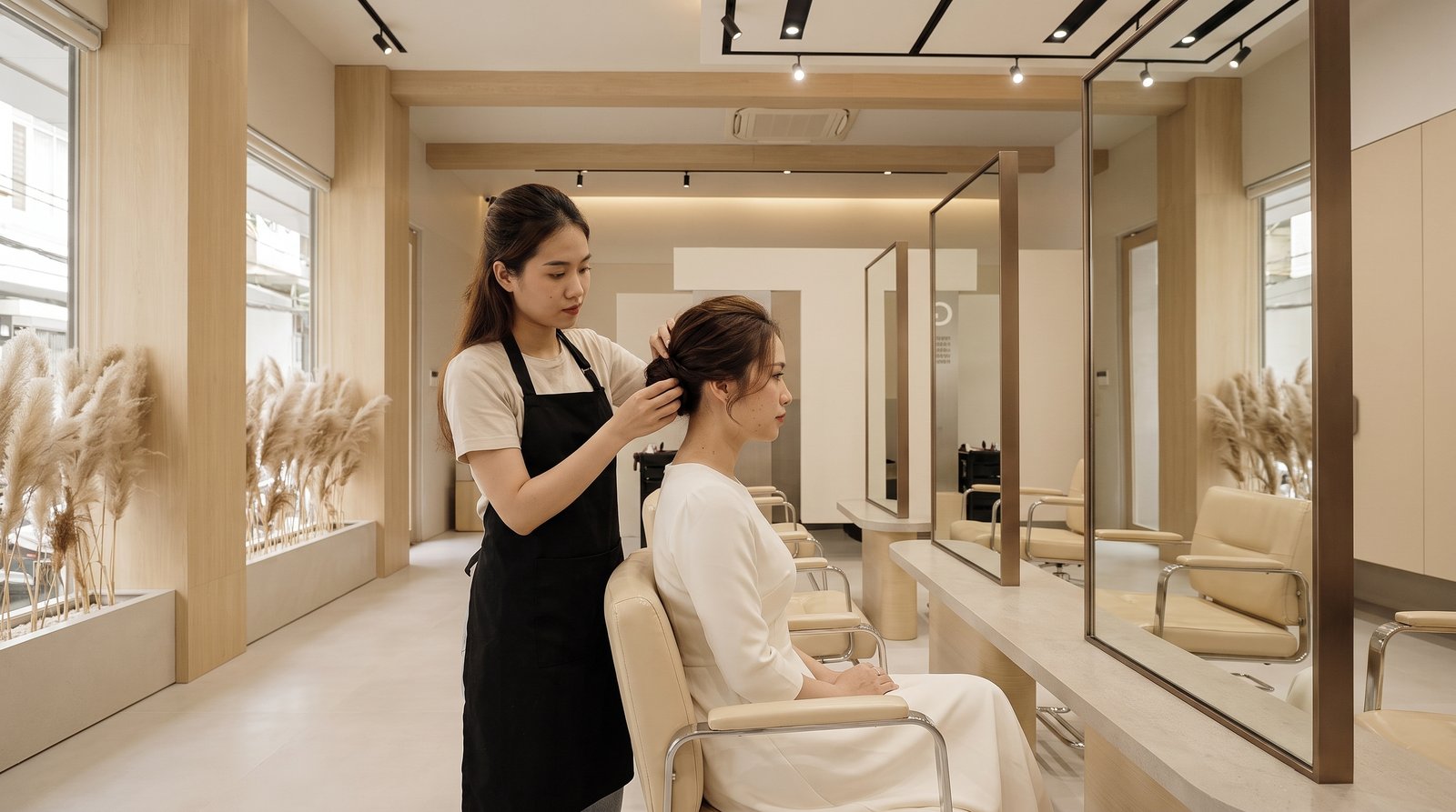 Low bridal bun styling at Nhat Tam Hair Salon in Hanoi