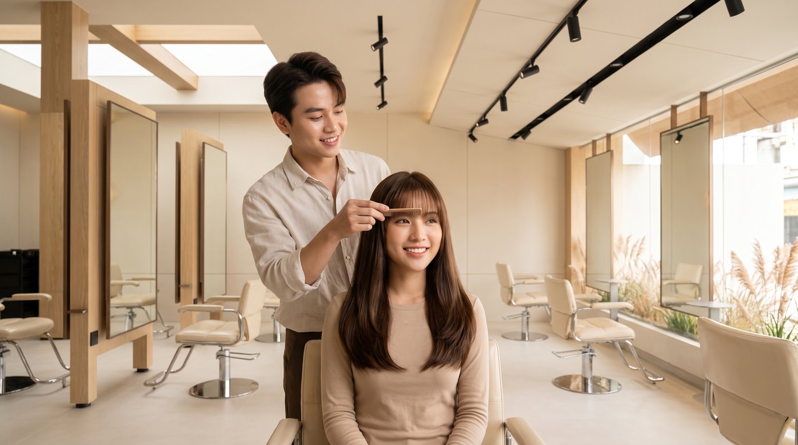 Cắt mái thay đổi gương mặt, stylist canh độ dài mái cho khách Việt