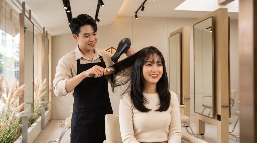 Thợ sấy mái rèm curtain bangs cong ra hai bên bằng lược tròn