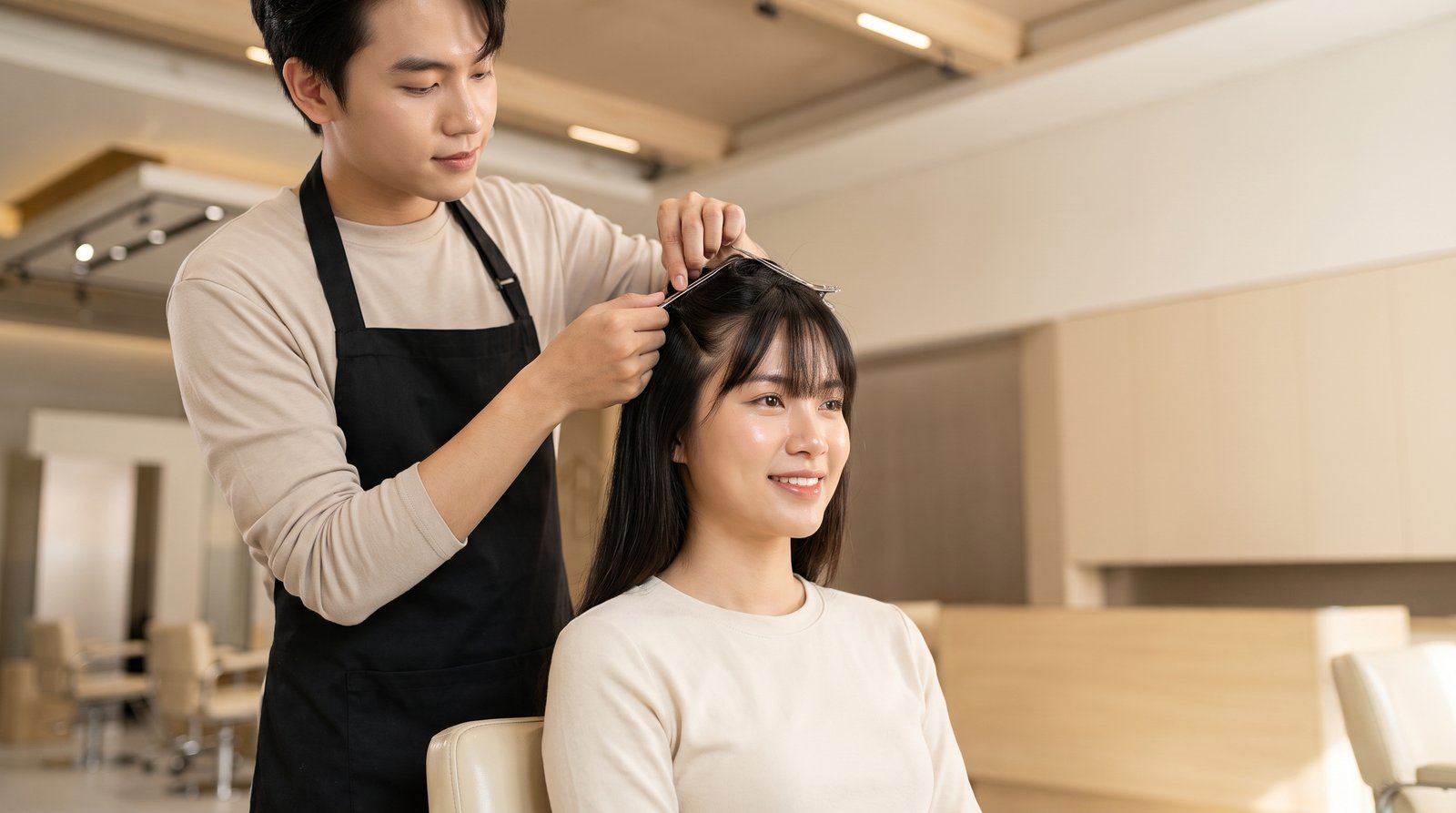 Thợ chia vùng mái tam giác bằng kẹp trước khi cắt mái rèm Hàn