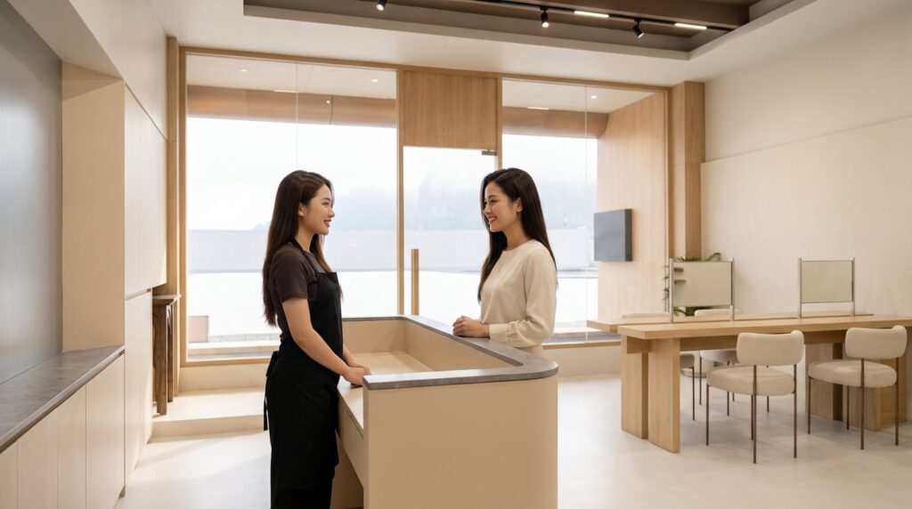 Lễ tân salon tiếp nhận khách đặt lịch tại quầy lễ tân Nhật Tâm