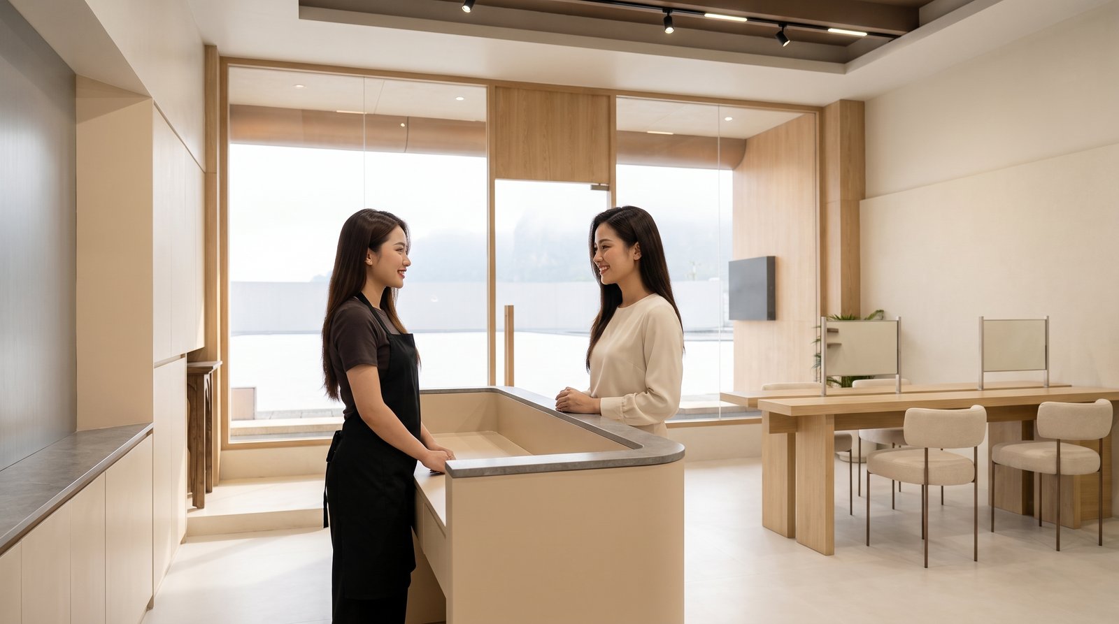 Lễ tân salon tiếp nhận khách đặt lịch tại quầy lễ tân Nhật Tâm