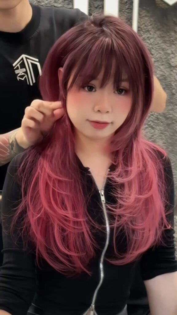 Tóc nhuộm đỏ rượu vang cherry cola ombre tại Nhật Tâm Hair Salon
