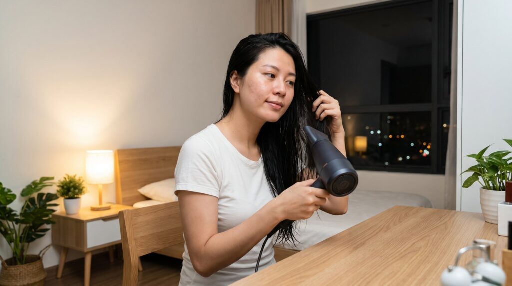 Gội đầu buổi tối có sao không: sấy khô tóc trước khi đi ngủ