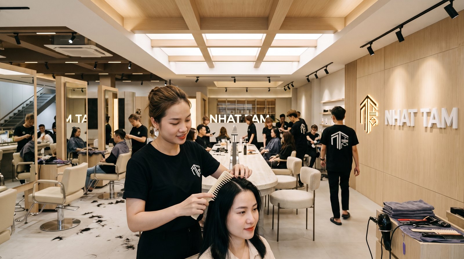 Thợ tóc chải lại chân tóc bằng lược thưa sau khi dùng gội đầu khô tại NHAT TAM HAIR SALON