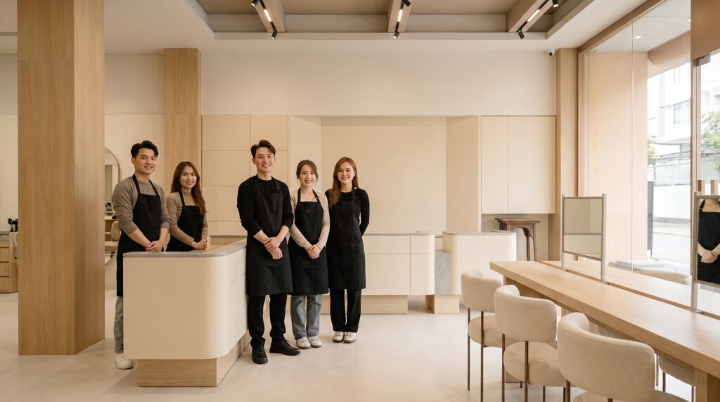 Quầy lễ tân nhận lịch cho hệ thống bốn chi nhánh salon Nhật Tâm