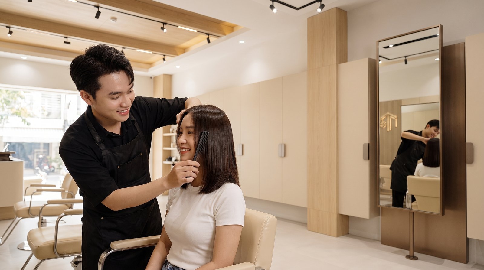 Thợ cắt lọn tóc hai bên má tạo dáng hime cut chuẩn Nhật tại salon