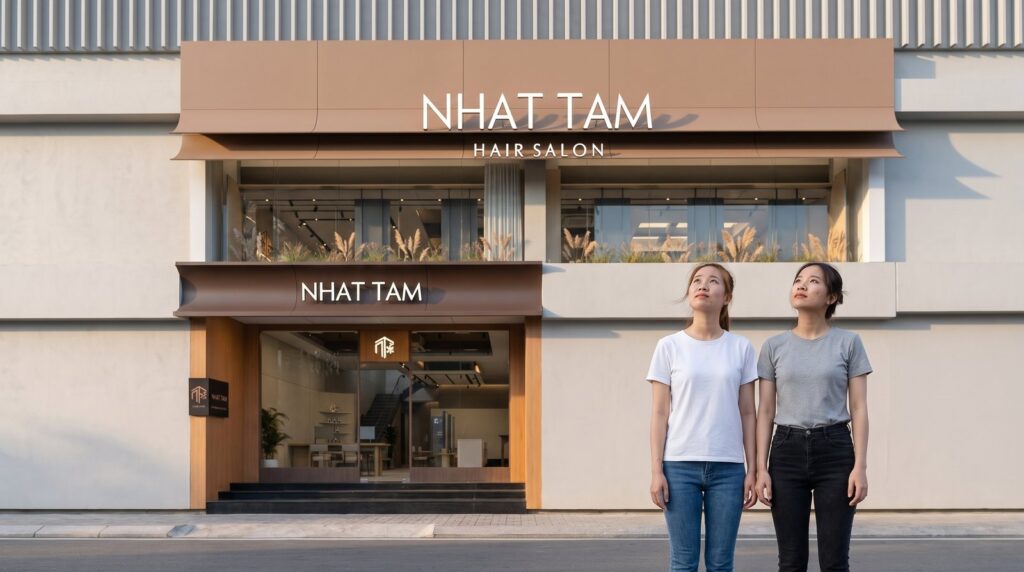 Hai bạn trẻ khảo sát trung tâm dạy nghề tóc trước cửa Nhật Tâm Hair Salon