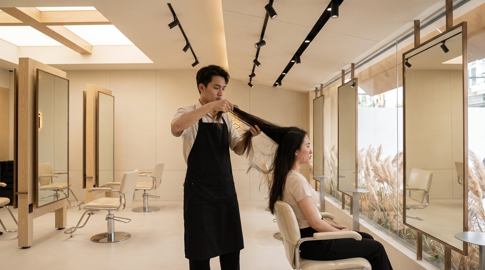 Stylist soi tình trạng sợi tóc trước khi bổ sung keratin biotin collagen