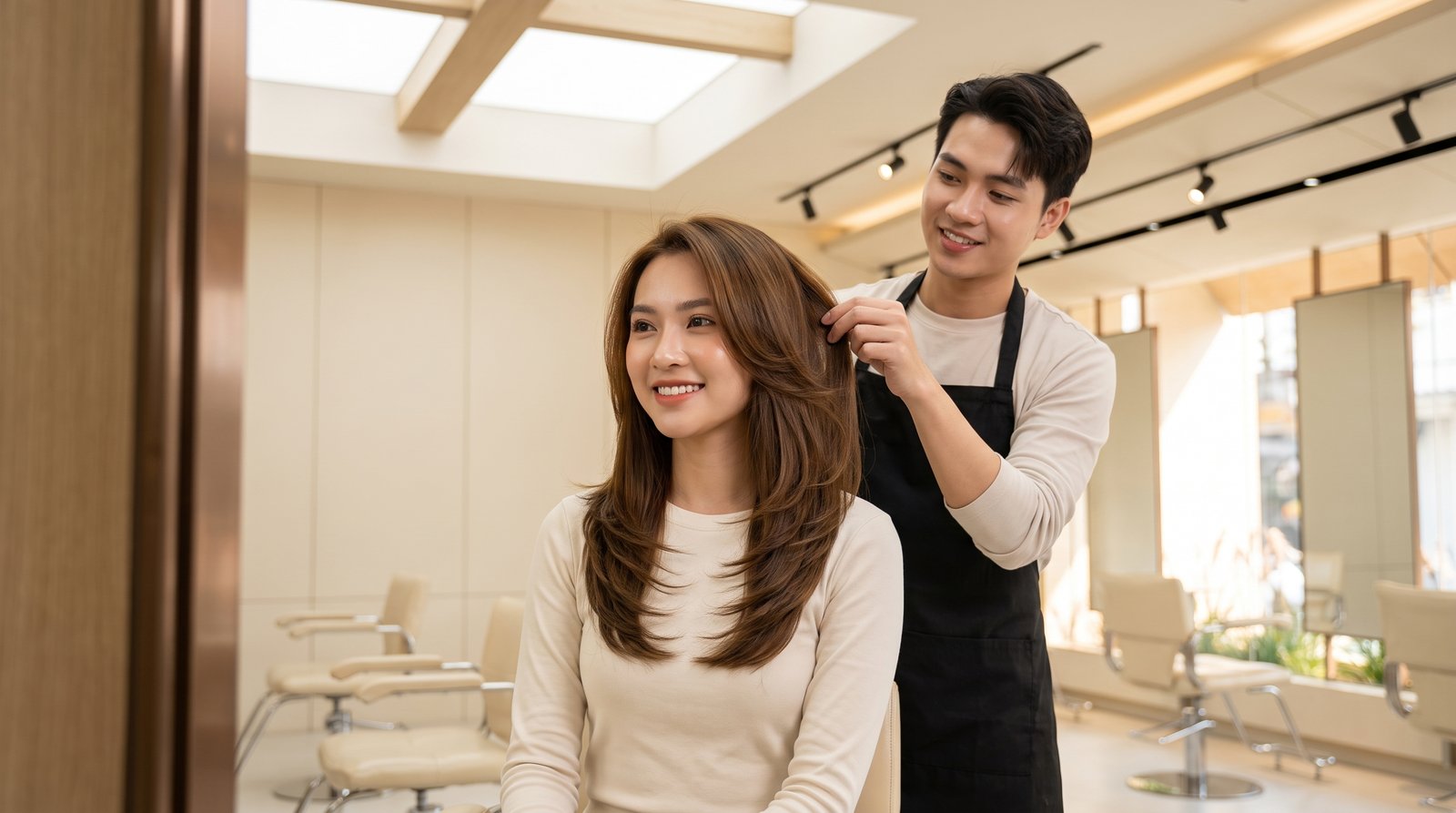 Tóc layered swag nhiều tầng vừa cắt xong soi trước gương khung đồng