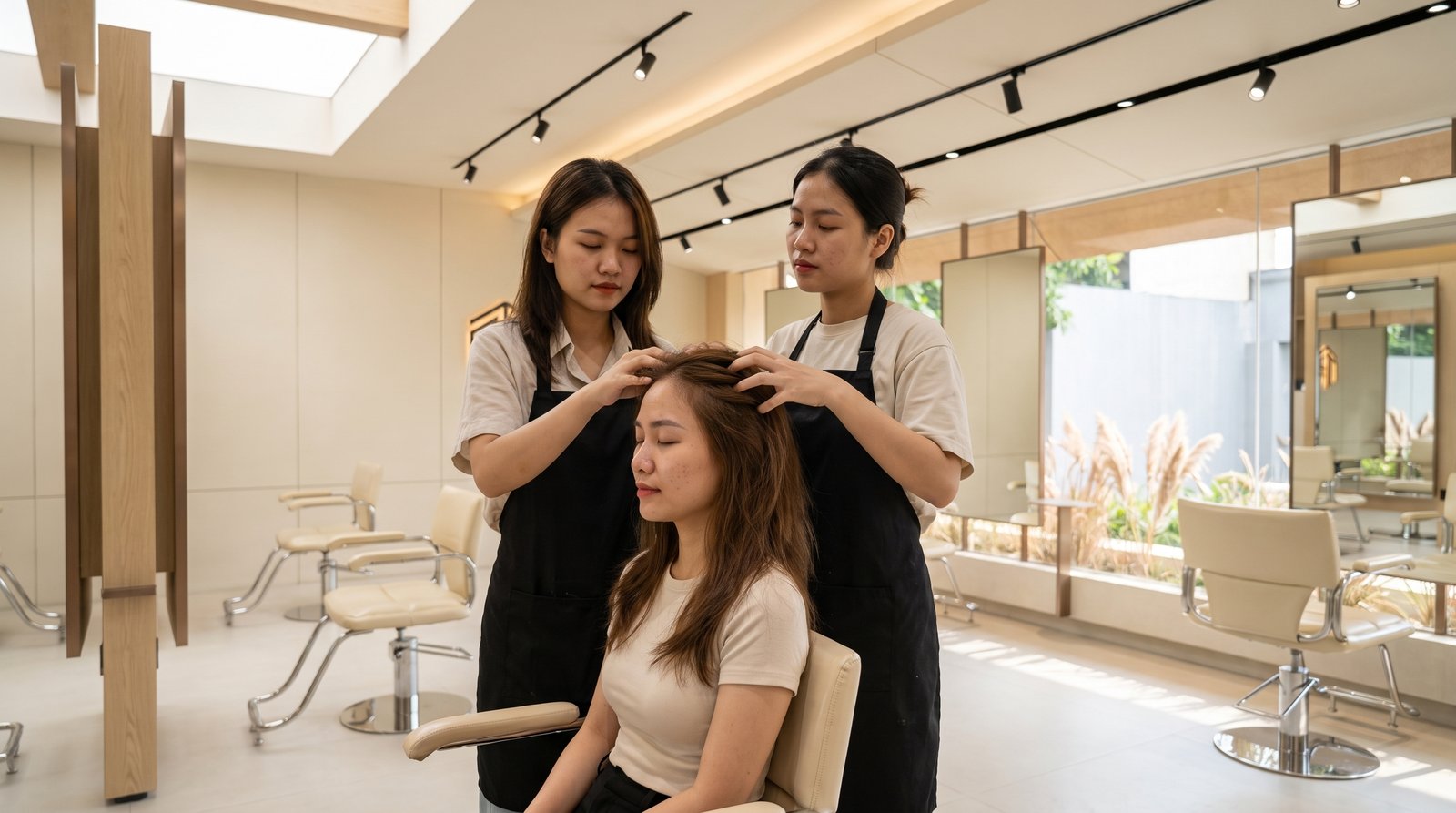 Massage da đầu khô thư giãn cho khách nữ ngay trên ghế cắt tại Nhật Tâm