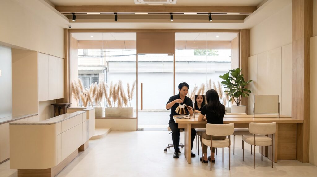 Tư vấn chọn màu tóc không cần tẩy tại quầy lễ tân Nhật Tâm
