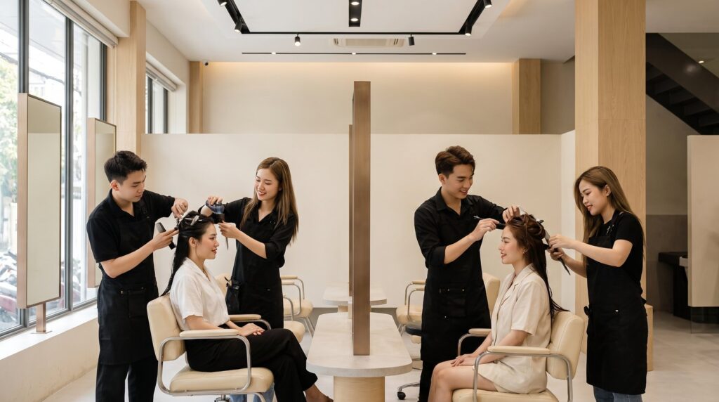 Toàn cảnh sàn làm tóc Nhật Tâm Hair Salon với đội ngũ stylist đang làm việc