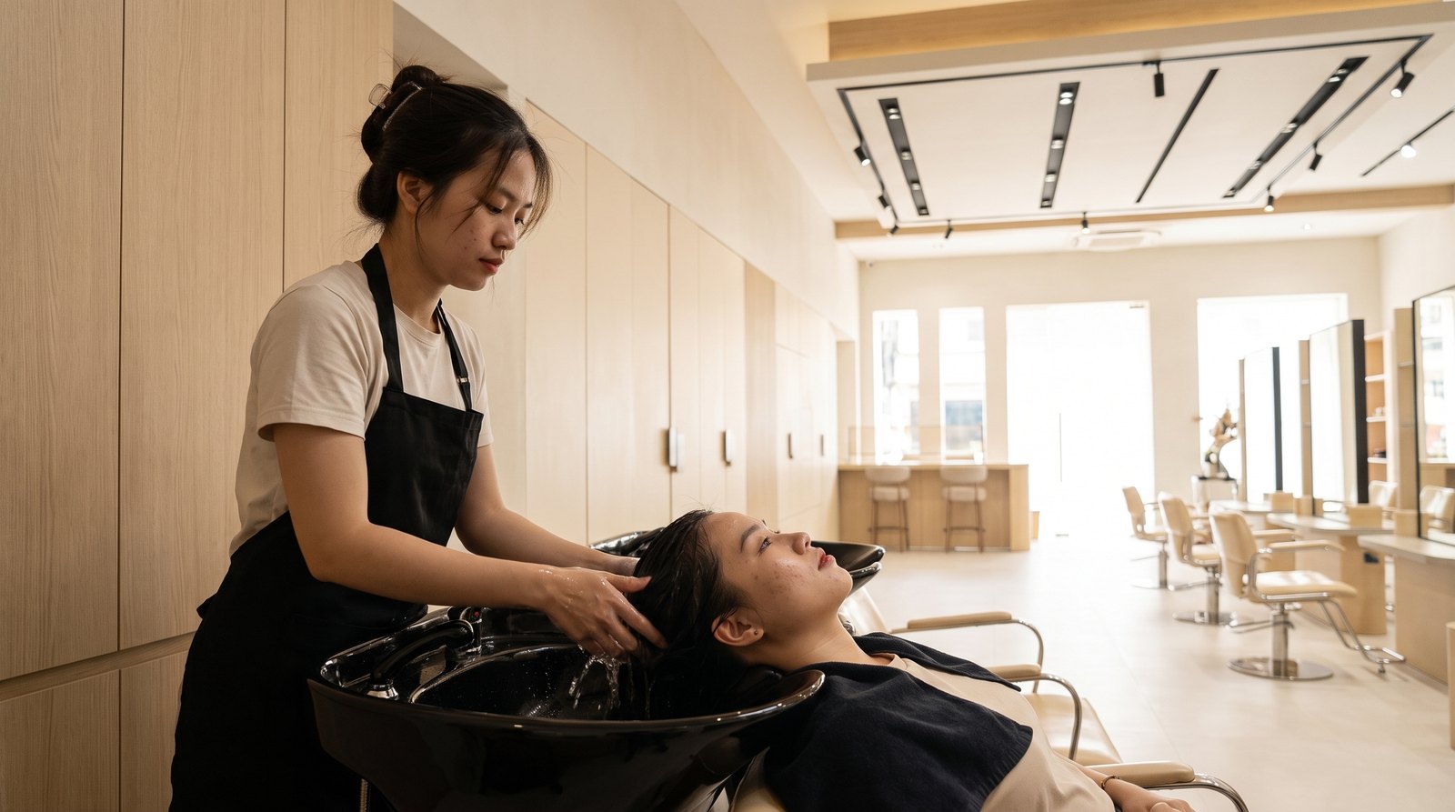 Gội đầu và làm sạch da đầu trong quy trình làm tóc tại Nhật Tâm