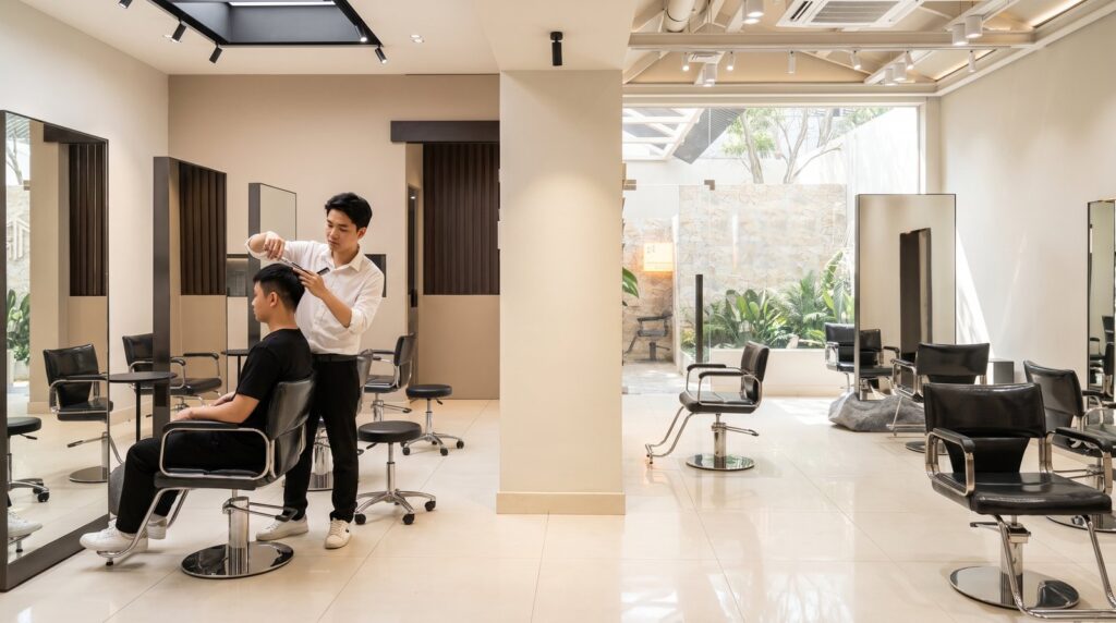 Thợ tóc cắt tóc nam bằng kéo cho khách tại Nhật Tâm Hair Salon