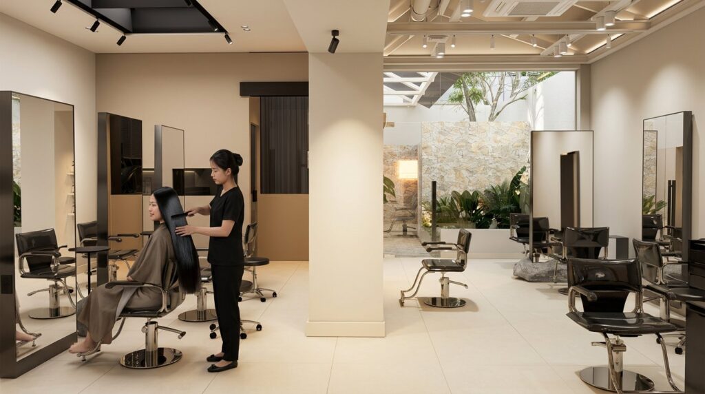 Thợ Nhật Tâm chải kiểm tra độ suôn của mái tóc vừa duỗi tại salon