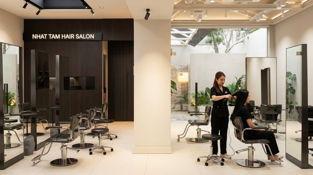 Thợ tóc đang ép tóc cho khách bằng máy duỗi tại Nhật Tâm Hair Salon