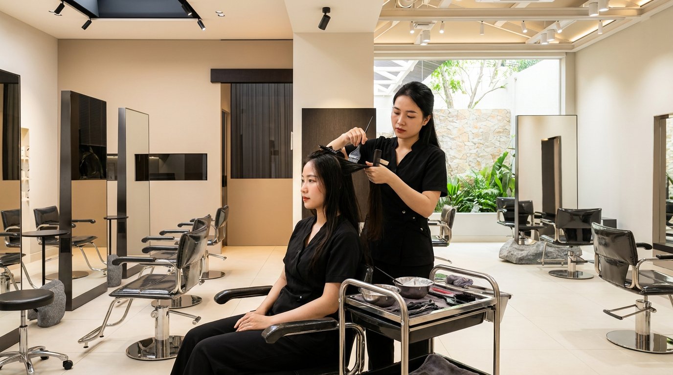 Thợ tóc Nhật Tâm chia lọn và thoa thuốc duỗi cho khách tại salon