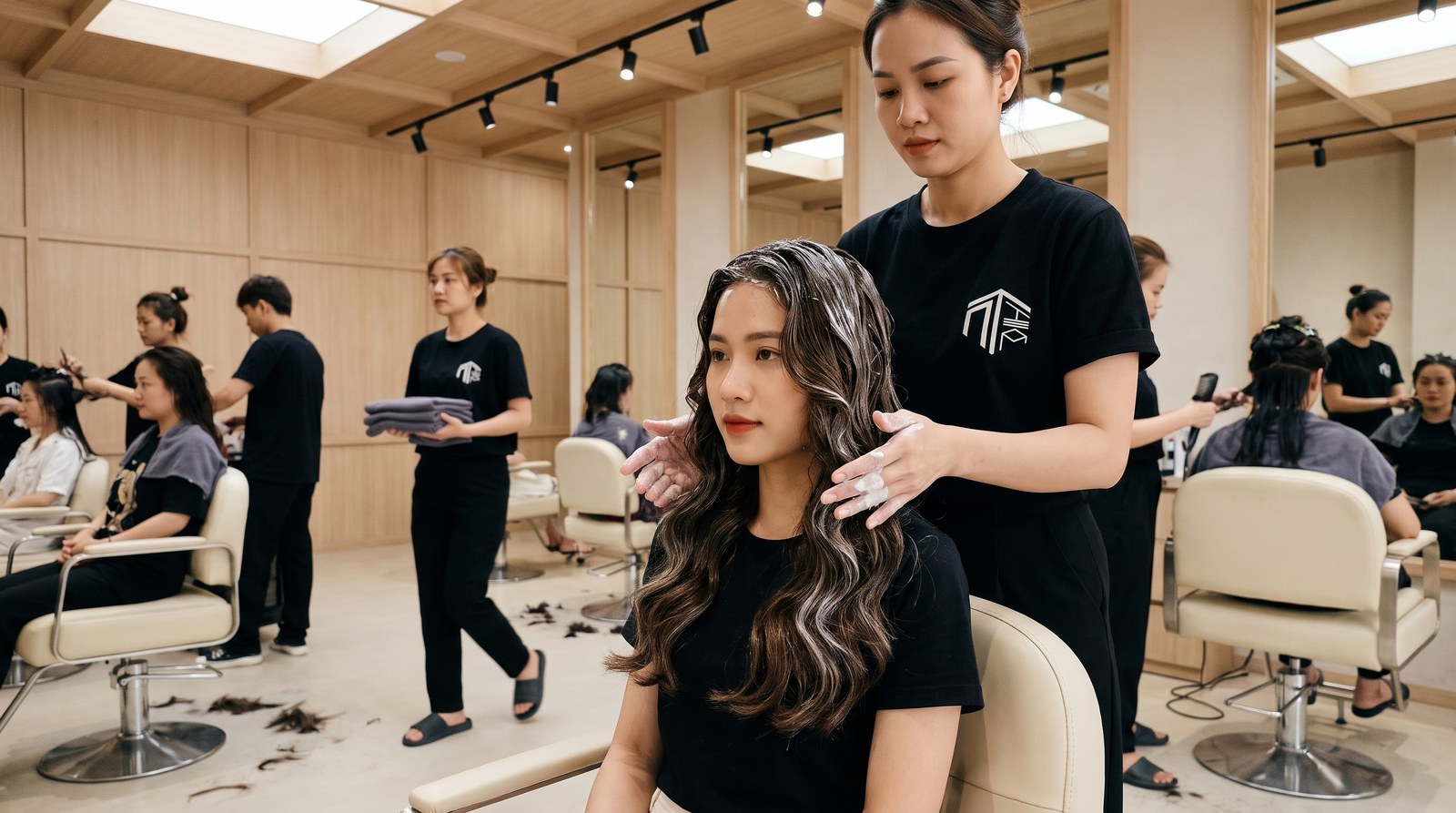 Stylist bóp kem hấp dầu vào lọn tóc uốn cho khách tại Nhật Tâm