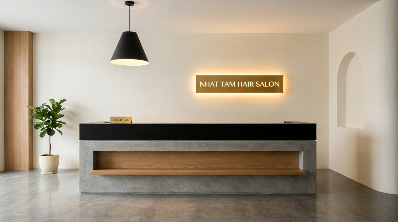 Quầy lễ tân Nhật Tâm Hair Salon nơi khách được tư vấn trước khi làm tóc