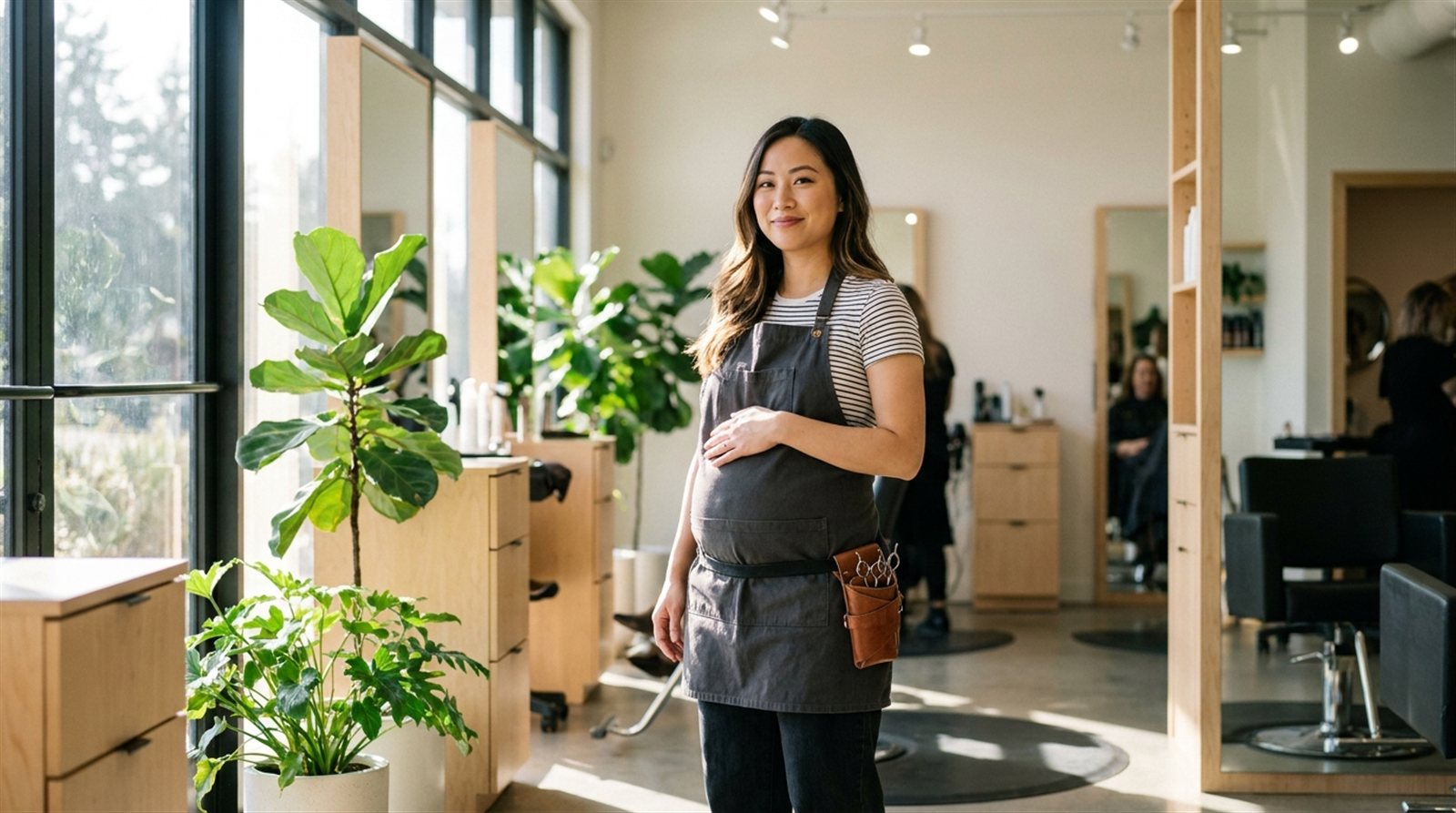 Thợ tóc nữ đang mang thai làm việc trong không gian salon thoáng sáng