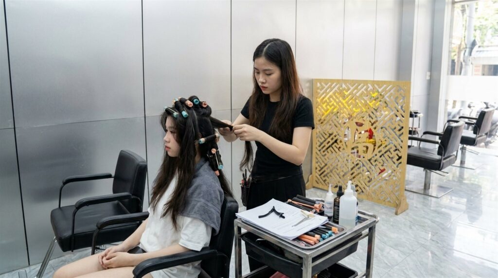 Thợ tóc cuốn lô uốn cho khách tại ghế làm việc trong salon