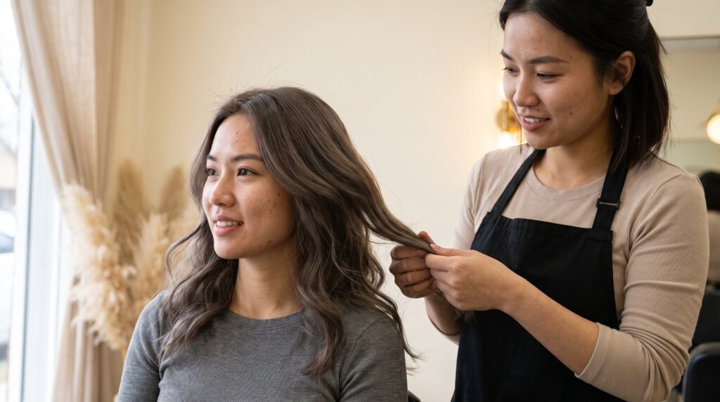 Mái tóc nhuộm nâu sáp lạnh lên màu khói dưới ánh sáng tự nhiên tại salon