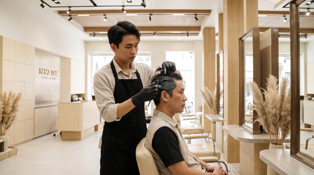 Nhuộm tóc phủ bạc cho khách nam, thoa thuốc vùng hai bên thái dương