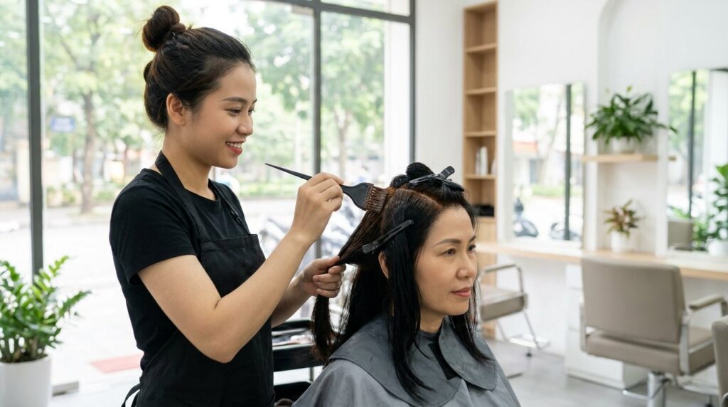 Stylist Nhật Tâm nhuộm phủ bạc chân tóc cho khách nữ trung niên tại salon