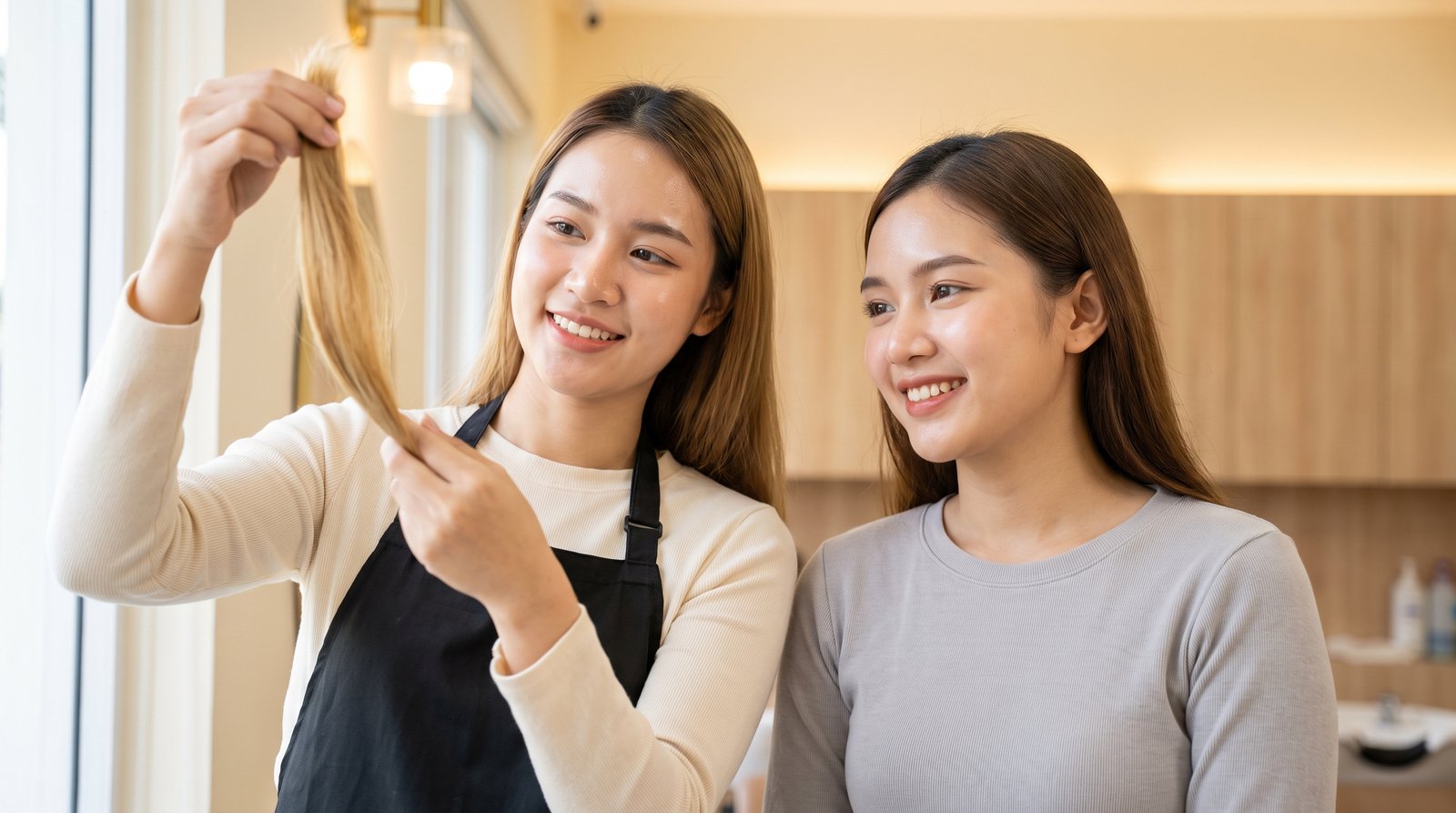 Stylist soi lọn tóc tẩy khô xơ để chọn loại phục hồi tóc phù hợp