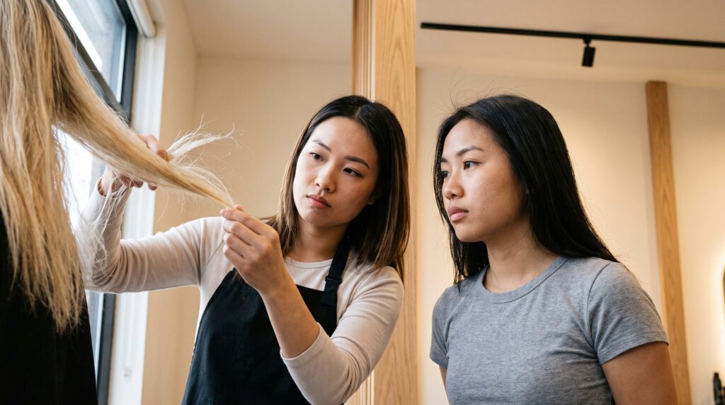 Soi tình trạng tóc tẩy hỏng khô xơ trước khi phục hồi tóc