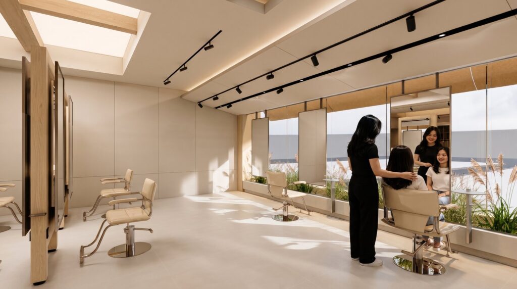 Stylist và khách xem kết quả trong gương, tư liệu cho portfolio stylist