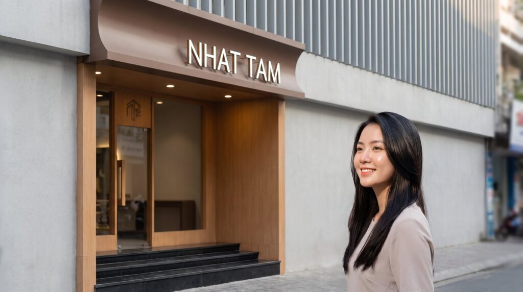 Mặt tiền salon tóc Nhật Tâm Thái Nguyên nhìn từ ngoài phố
