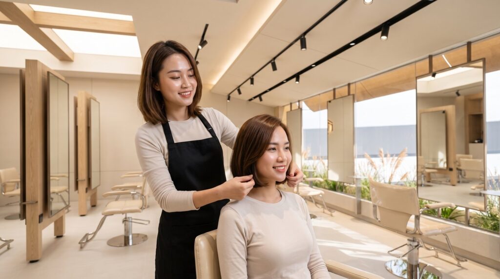 Thợ tỉa texture cho ngọn tóc bob ngang cằm tại Nhật Tâm Hair Salon