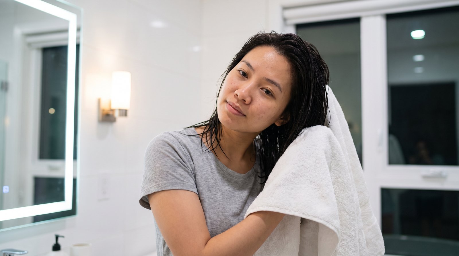 Thấm khô tóc bằng khăn mềm sau khi gội đầu buổi tối