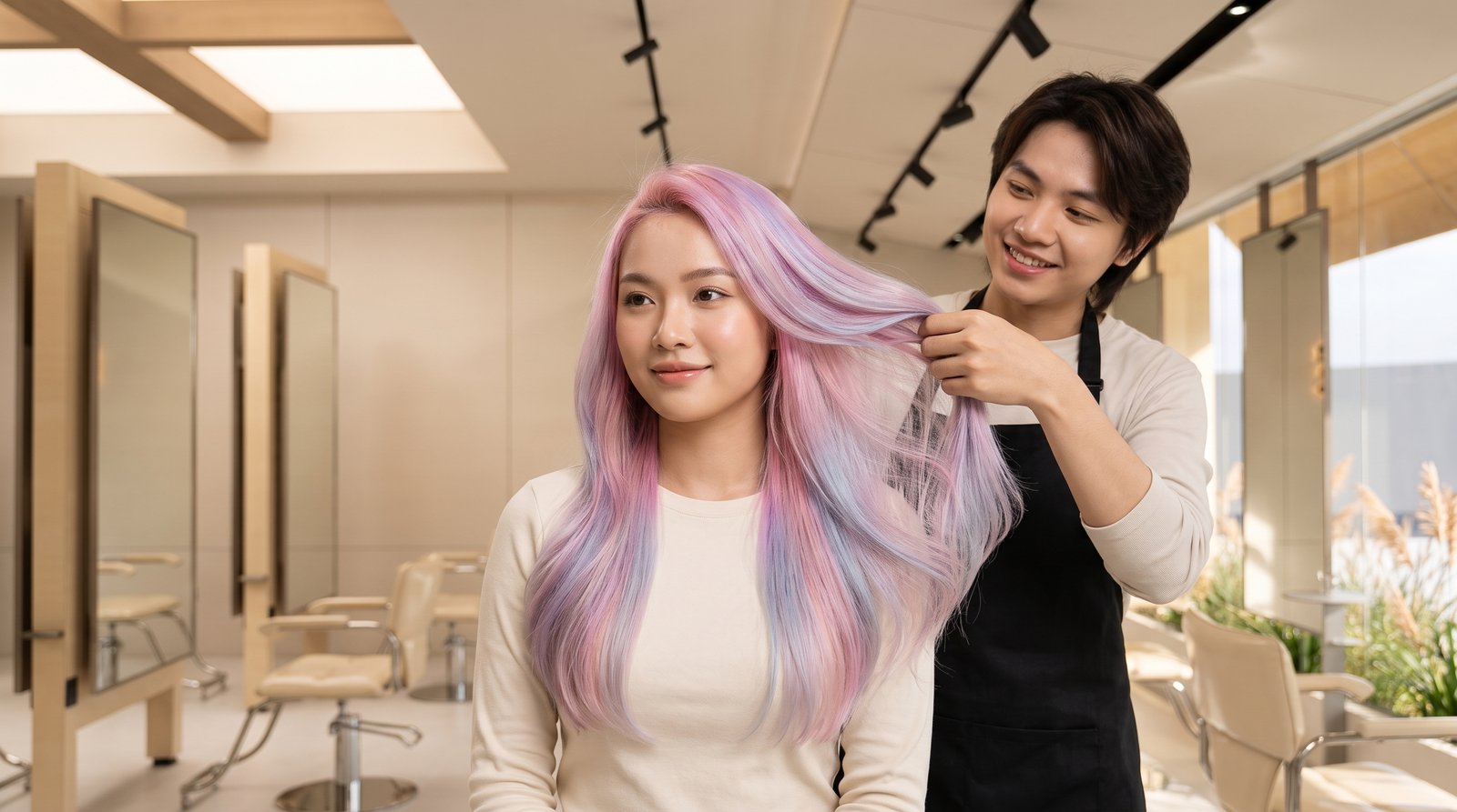 Nhuộm dip dye nhúng đuôi tóc màu tím khói tại Nhật Tâm Hair Salon