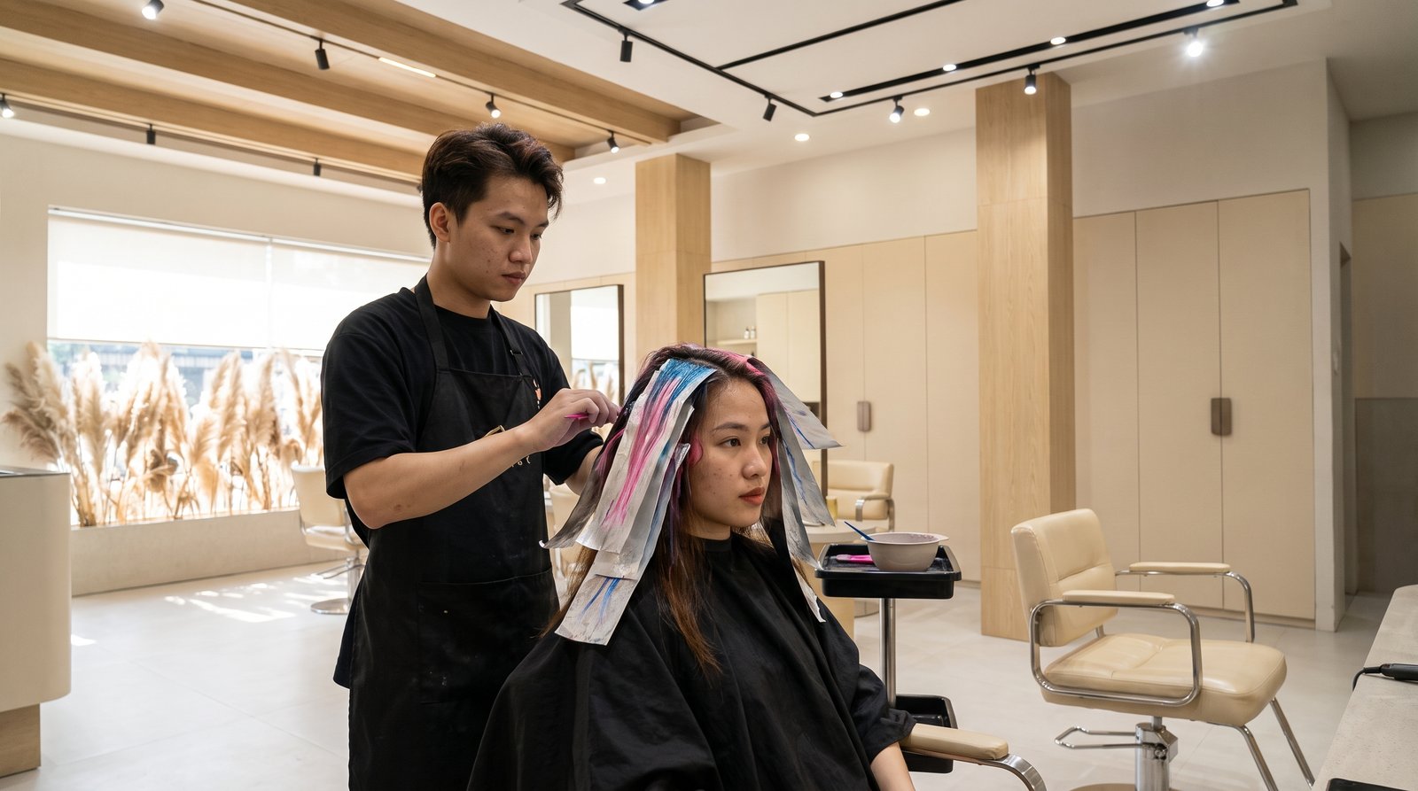 Quy trình nhuộm tie-dye hair tại salon với từng mảng màu và giấy bạc