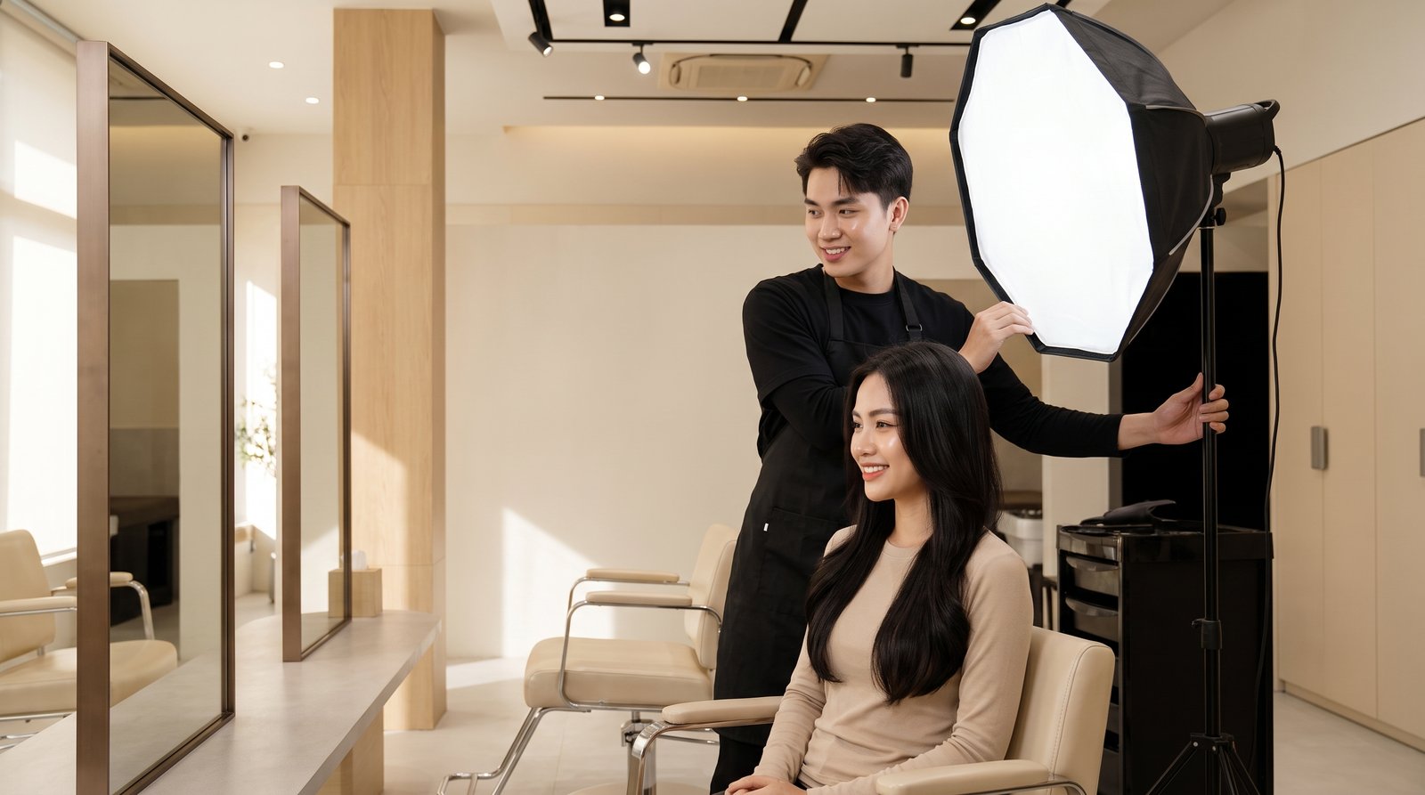 Set ánh sáng quay video cho stylist TikTok trước khi bấm máy tại salon