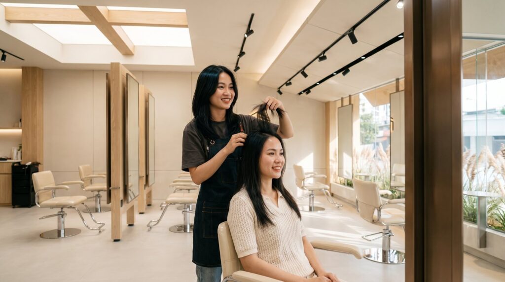 Stylist kiểm tra chất tóc mỏng yếu trước khi tư vấn uốn