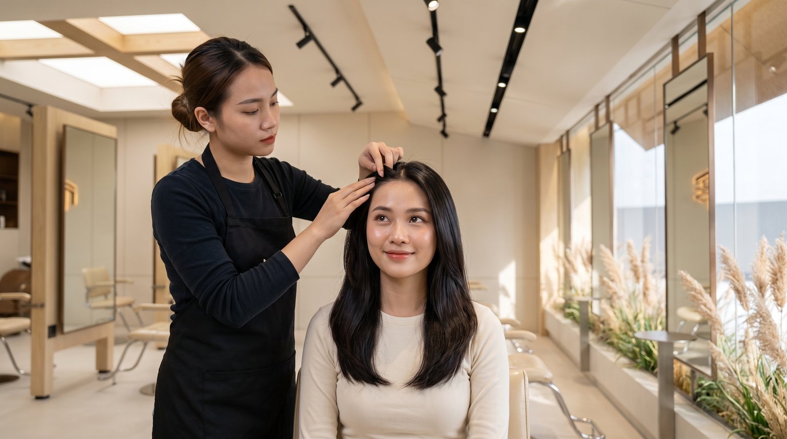 Kiểm tra mật độ tóc và da đầu khi khách lo tóc rụng nhiều