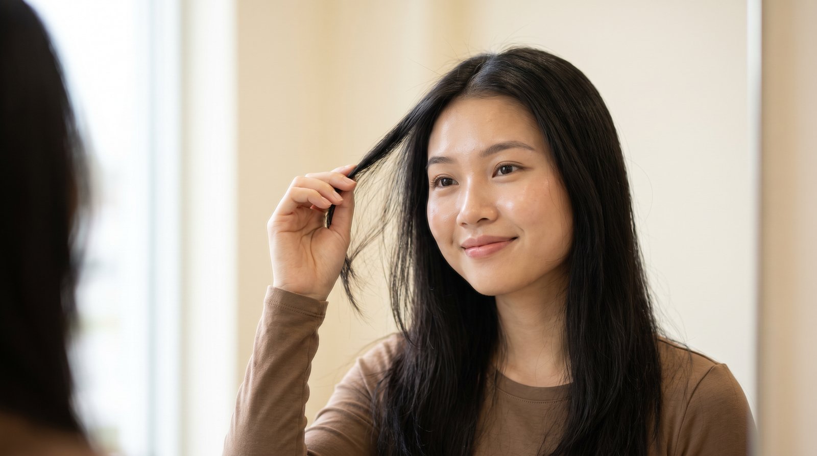 Tóc thưa yếu mảnh sợi nhỏ soi trước gương tại Nhật Tâm Hair Salon