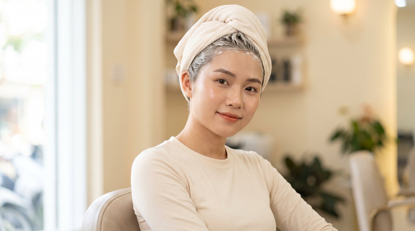 Ủ tóc tẩy nhuộm tại nhà, quấn khăn giữ ấm đúng cách