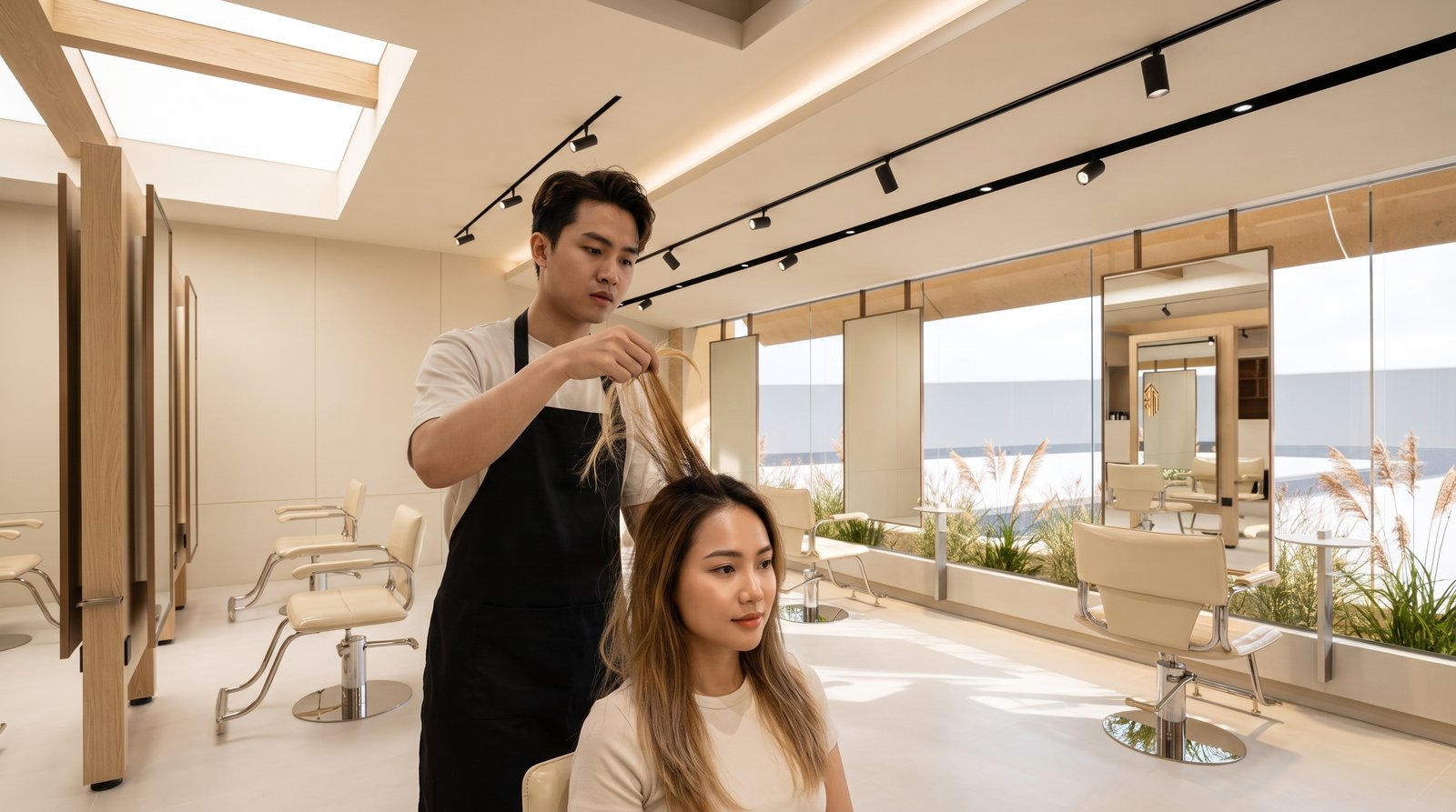 Thợ kiểm tra sợi tóc đã uốn và tẩy trước khi quyết định làm tiếp