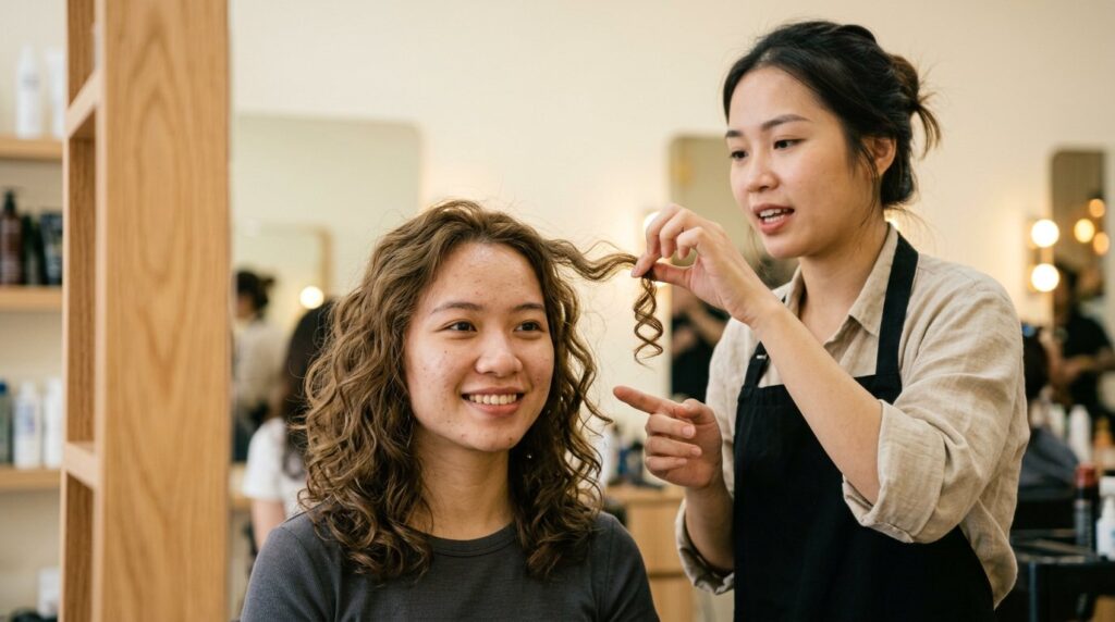 Stylist kiểm tra độ giữ nếp lọn tóc uốn thuần chay cho khách