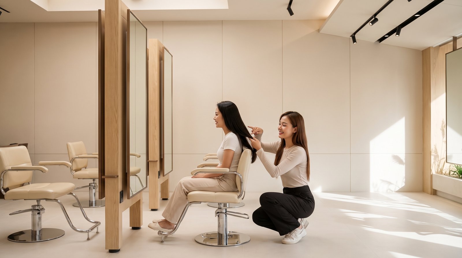 Stylist chỉ vùng tóc hư để giải thích lý do đề xuất dịch vụ phục hồi